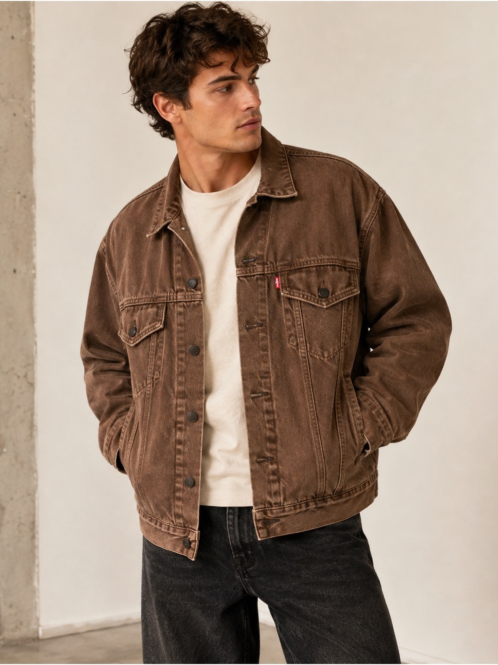 Levi’s Mens Relaxed Trucker Jacket Small Brown Washed Denim Oversized A5782